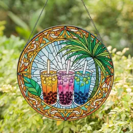 Colorful Bubble Tea Boba Palm Leaves Sky Mosaic - Home Decor Gift for Bubble Tea Lover Stained Glass Suncatcher