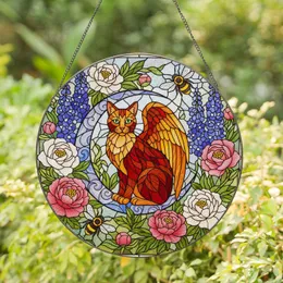 Winged Cat Crescent Moon Honeybees Peonies Delphiniums Garden - Home Decor Gift Cat Lover Stained Glass Suncatcher