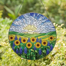 Sunflowers Bluebonnets Rolling Hills Cloudy Sky - Nature Lover Home Decor Gift Stained Glass Suncatcher
