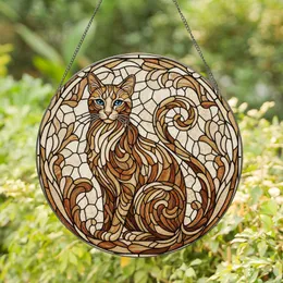 Elegant Cat Blue Eyes Curled Tail Organic Scrollwork - Home Decor Gift for Cat Lover Stained Glass Suncatcher