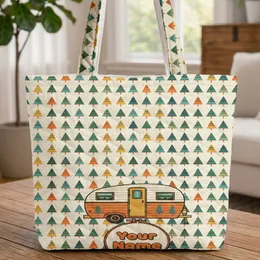 Vintage Travel Trailer Pine Trees Camping Scene - Travel Essentials for Travelers Quilted Tote Bag