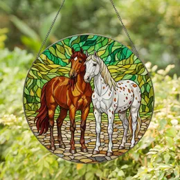 Stained Glass Brown Horse White Appaloosa Stone Ground Rolling Hills Foliage - Home Decor Gift Stained Glass Suncatcher