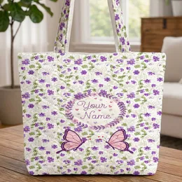 Ornate Pink Butterflies Lavender Floral Wreath Everyday Carry Gift for Her Quilted Tote Bag
