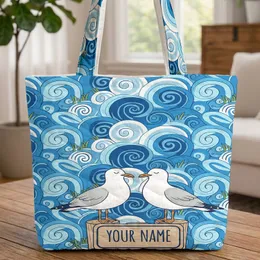 Coastal Seagulls Ocean Waves Beach Grass Name Sign Travel Essentials Gift Quilted Tote Bag