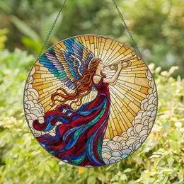 Graceful Female Angel Golden Trumpet Feathered Wings Auburn Hair - Home Decor Gift Stained Glass Suncatcher