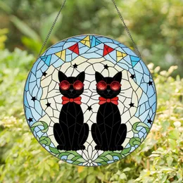 Black Cats Red Sunglasses Bow Tie Pennant Flags - Cat Lover Home Decor Gift Stained Glass Suncatcher