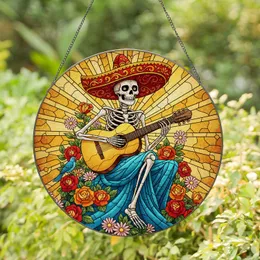 Mariachi Skeleton Guitar Flowers Stained Glass - Cultural Home Decor Music Lover Gift Stained Glass Suncatcher