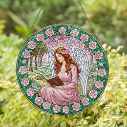 Angel Woman Feathered Wings Reading Book Pink Roses Garden - Home Decor Gift for Book Lover Stained Glass Suncatcher