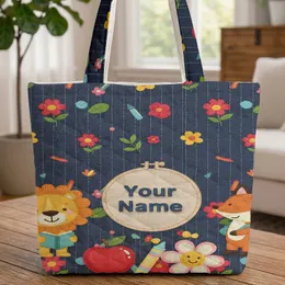 Red Apple Crayon Daisy Denim Pinstripe - Back to School Gift for Students Quilted Tote Bag