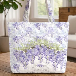 Personalized Wisteria Cascading Blossoms Intertwining Floral Wreath - Everyday Carry Gift Quilted Tote Bag