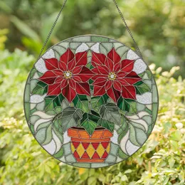 Poinsettia Plant Red Blooms Green Leaves Pot - Home Decor Gift for Plant Lover Stained Glass Suncatcher