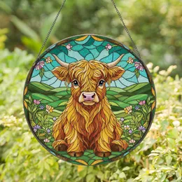 Baby Highland Cow Green Hills Floral - Farmhouse Home Decor Gift for Cow Lover Stained Glass Suncatcher