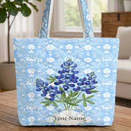 Bluebonnet Flowers Wildflower Wreath White Blossoms Everyday Carry Gift Quilted Tote Bag