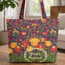 Floral Berries Vines Tulip Sun Wreath Personalized - Everyday Carry Gift Quilted Tote Bag