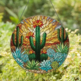 Desert Garden Cacti Succulents Blooming Flowers Pebbles - Home Decor Gift Stained Glass Suncatcher