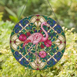 Pink Flamingo Pink Flowers Red Berries Baroque Acanthus Foliage Home Decor Gift Stained Glass Suncatcher