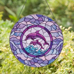 Purple Pink Dolphins Blue Turquoise Ocean Waves Purple Border - Home Decor Gift for Ocean Lover Stained Glass Suncatcher