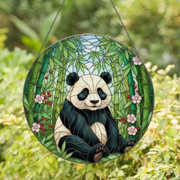 Panda Bear Bamboo Forest Leaves Flowers Berries - Home Decor Gift for Wildlife Lovers Stained Glass Suncatcher