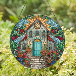 Two-Story House Blue Door Vintage Bicycle Blooming Garden Stone Steps Home Decor Gift Stained Glass Suncatcher