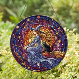 Witch Black Cat Broomstick Spiderweb - Home Decor Gift for Witch Lover Stained Glass Suncatcher