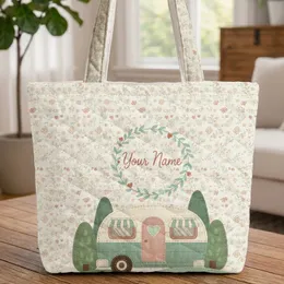 Personalized Vintage Camper Van Wildflower Meadow - Travel Essentials Gift for Camper Lover Quilted Tote Bag