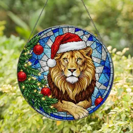 Majestic Lion Santa Hat Christmas Tree Red Baubles Starry Night - Christmas Holiday Decor Stained Glass Suncatcher
