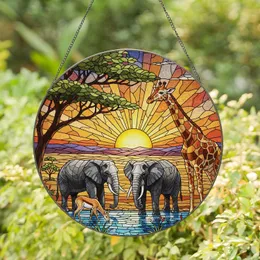 Giraffe African Elephants Watering Hole Savanna Sunset Acacia Tree - Wildlife Lover Gift Stained Glass Suncatcher