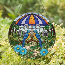 Blue Birds Loving Pair Branch Umbrella Outdoor Garden Path Scene - Bird Lover Home Decor Gift Stained Glass Suncatcher