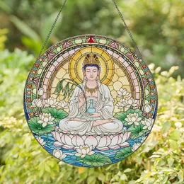 Guanyin Compassion Bodhisattva White Lotus Flowers Golden Halo Home Decor Gift Stained Glass Suncatcher