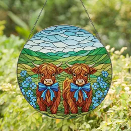 Highland Calves Blue Bows Blue Flowers - Home Decor Gift for Cow Lover Stained Glass Suncatcher