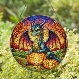 Dragon Jack-o'-Lantern Autumn Landscape - Halloween Home Decor Gift for Dragon Lover Stained Glass Suncatcher