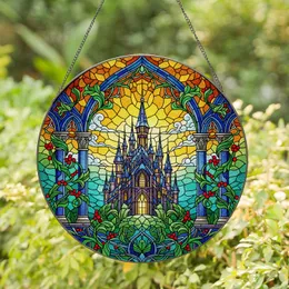 Multi-Spired Fantasy Castle Gothic Archways Lush Foliage Red Berries - Home Decor Gift for Castle Lover Stained Glass Suncatcher