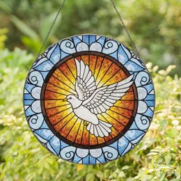 White Dove Sunburst Halo Dark Bronze Frame Stained Glass - Home Decor Gift Stained Glass Suncatcher