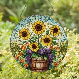 Sunflowers Barrel Planter Purple Berry Flowers - Home Decor Gift for Garden Lover Stained Glass Suncatcher