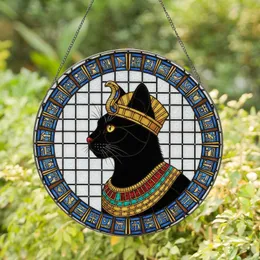 Black Cat Pharaoh Crown Ankh Egyptian Jewels - Home Decor for Cat Lovers Stained Glass Suncatcher