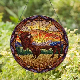 American Bison Sunset Mountains Landscape - Home Decor Gift for Wildlife Lover Stained Glass Suncatcher