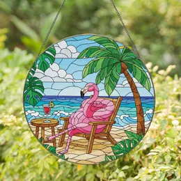 Pink Flamingo Beach Chair Palm Tree Ocean Scene - Home Decor Gift for Beach Decor Stained Glass Suncatcher