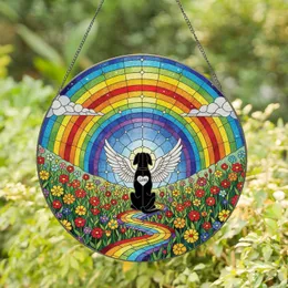 Black Dog Angel Wings Luna Rainbow Wildflowers - Pet Memorial Home Decor Gift Stained Glass Suncatcher