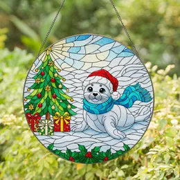 Baby Seal Pup Santa Hat Scarf Christmas Tree Holly Presents - Christmas Gift Stained Glass Suncatcher
