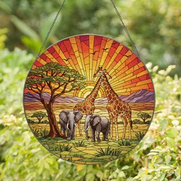 Elephants Giraffes African Savanna Sunset - Home Decor Gift for Wildlife Lover Stained Glass Suncatcher