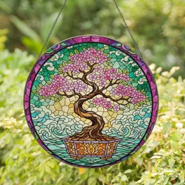 Gnarled Blossoming Cherry Bonsai Tree Filigree Stained Glass Mosaic - Home Decor Gift Stained Glass Suncatcher