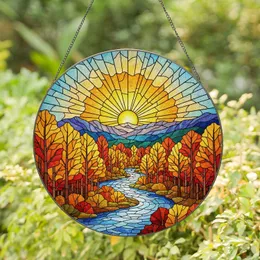 Warm Sun Autumnal Forest River Distant Hills Scene - Home Decor Gift Stained Glass Suncatcher