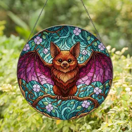 Fluffy Brown Bat Blossom Tree Branch Foliage - Wildlife Home Decor Gift for Bat Lover Stained Glass Suncatcher