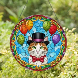 Calico Cat Emerald Eye Top Hat Red Bow Tie Balloons - Home Decor Gift for Cat Lover Stained Glass Suncatcher