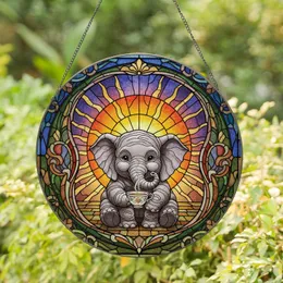 Baby Elephant Teacup Floral Border - Sunrise Sky Home Decor Gift for Elephant Lovers Stained Glass Suncatcher