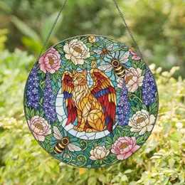 Winged Cat Crescent Moon Honeybees Peonies Delphiniums Garden - Home Decor Gift Cat Lover Stained Glass Suncatcher