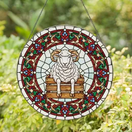 Fluffy White Sheep Wooden Crate Tiffany Floral Border - Home Decor Gift for Sheep Lover Stained Glass Suncatcher