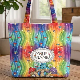 Ornate Mushrooms Rainbow Stripes Daisies Everyday Carry Gift Quilted Tote Bag