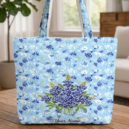 Ornate Bluebonnet Bloom Floral Wreath Name Text - Everyday Carry Gift Quilted Tote Bag