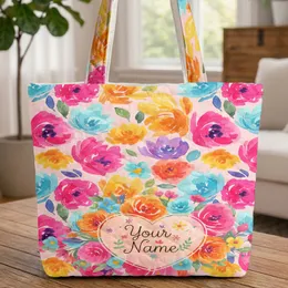 Personalized Monoline Cursive Name Heart Botanical Bouquet Blooms - Everyday Carry Gift Quilted Tote Bag